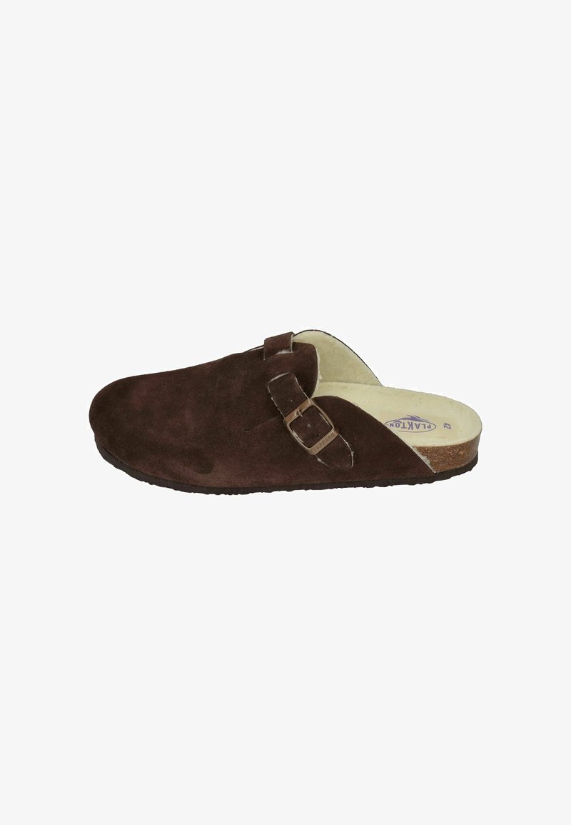 Brown suede slip-on clog with a single adjustable strap and buckle. Soft inner lining, contoured footbed, and textured rubber sole.