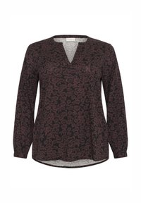 Blouse à manches longues en imprimé floral rouge foncé et noir avec un décolleté en V. Fabriquée en tissu léger avec un ourlet légèrement courbé.
