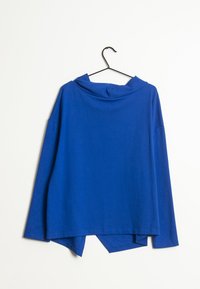 Modrý dlouhý rukáv top s překládaným límcem, volný střih a šikmý lem. Vyrobeno z hladkého materiálu s minimálně viditelným šitím a bez vzorů.