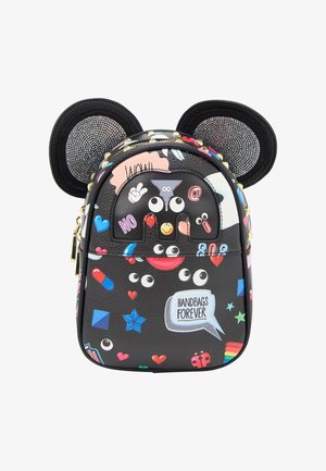 Kleine zwarte rugzak met grote oren, versierd met strass-steentjes en kleurrijke cartoons, emoji's en een tekstballon met "Handbags Forever".