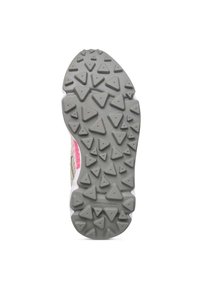 Sko sula med en grå gummibas med triangulära mönster och en vit kant, kompletterad med en rosa detalj på sidan.