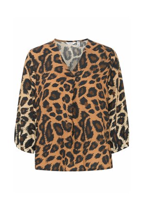 Blusa con stampa leopardata, caratterizzata da un design marrone e nero, scollatura a V e maniche lunghe a sbuffo con polsini elastici, realizzata in tessuto leggero.