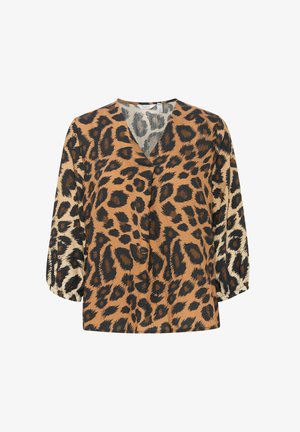Leopard print blouse featuring a brown and black design, V-neckline, and long puff sleeves with elastic cuffs, made from lightweight fabric.