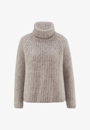Beige chunky gebreide ribbels turtleneck trui met lange mouwen en een relaxte pasvorm.