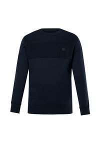 Marineblauer Pullover mit strukturiertem Oberteil, rundem Ausschnitt, langen Ärmeln sowie gerippten Bündchen und Saum. Mit einem kleinen Logo-Emblem auf der Vorderseite.
