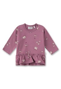 Rosa Langarmshirt mit einem Rüschensaum, versehen mit Mustern von weißen Regenschirmen und Wolken. Weicher Baumwollstoff mit Rundhalsausschnitt und Druckknopfdetail.