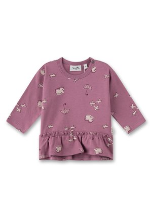 Rosa Langarmshirt mit einem Rüschensaum, versehen mit Mustern von weißen Regenschirmen und Wolken. Weicher Baumwollstoff mit Rundhalsausschnitt und Druckknopfdetail.