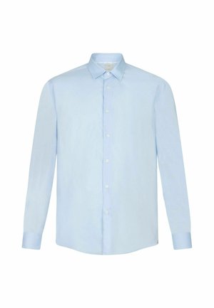 Light blue long-sleeve shirt made of cotton, featuring a button-down collar, straight cut, and white buttons on the front and cuffs.