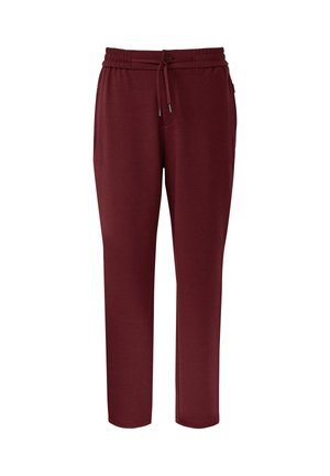 Bordeaux joggerbroeken met elastische tailleband, trekkoord, knoopsluiting en zijzakken, weergegeven op een witte achtergrond.