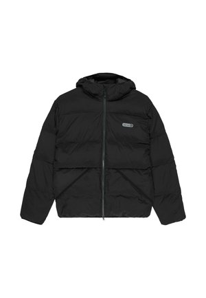 Black puffer jacket with a hood, front zipper, and elastic cuffs. Features a quilted design with a smooth texture and logo patch.
