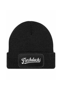 Black knit beanie with a cuff. Features a rectangular black patch with white text reading "Frechdachs." Texture is ribbed and elastic.
