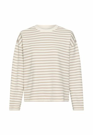 Langärmliges beiges und weißes Shirt mit horizontalen Streifen, Rundhalsausschnitt und lockerer Passform vor weißem Hintergrund.