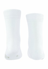 Weiße Baumwollsocken mit gerippten Bündchen, glatter Textur und verstärkten Zehen- und Fersenbereichen. Minimalistisches Design, geeignet für Freizeit- oder Sportbekleidung.