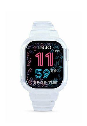 Smartwatch mit klarer Zeit-Anzeige in pinken und blauen Ziffern, weißem transparentem Armband, Datum und gemustertem Hintergrund mit kleinen Symbolen.