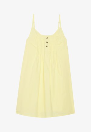 Yellow cotton sundress with thin adjustable straps, gathered bodice, and three decorative buttons at the center. A-line silhouette.