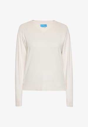 Világos bézs kötött pulóver, V-nyakú dizájn, hosszú raglán ujjak, bordázott mandzsetták és alj, puha tapintású, sima felülettel. Márkajelzés a nyakrészen.