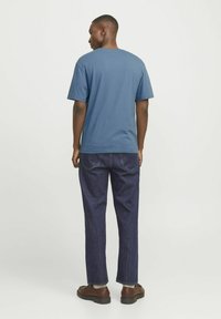 Blå bomulds t-shirt med korte ærmer, parret med mørke denim straight-leg bukser og brune lædersko, set fra ryggen.