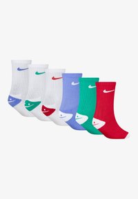 Hat pár ribbed sportzokni szettje, összesen hat pár. A színek között megtalálható a fehér, lila, zöld, piros és kék, mindegyik logóval és kontrasztos lábujj kiemelésekkel rendelkezik.