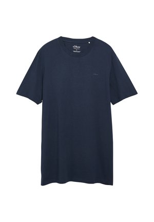 Navy blue short-sleeve crew neck t-shirt with subtle logo on chest, plain design, made by s.Oliver clothing company.