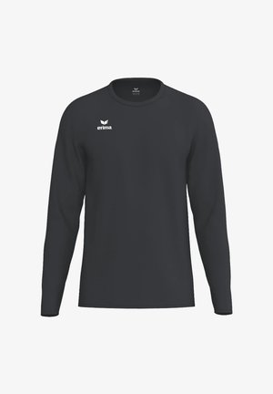 Maglia sportiva nera a maniche lunghe con scollo tondo e logo Erima bianco sul petto sinistro, mostrata su sfondo bianco semplice.