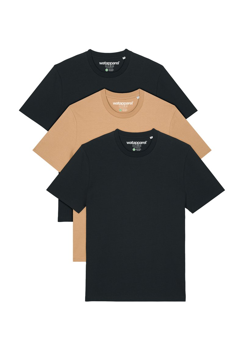 Drie crew-neck t-shirts in zwart en een lichtbruine kleur, gemaakt van zachte stof, met korte mouwen en een standaard pasvorm. Merkenlabel zichtbaar.