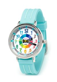Montre ronde en quartz avec un cadran coloré et numéroté, comportant des aiguilles des heures et des minutes. Le bracelet est en silicone bleu clair.