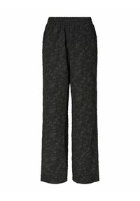 Zwarte, wijde broek met een elastische tailleband, gemaakt van een textuurstof met een geplooid patroon over het hele oppervlak.