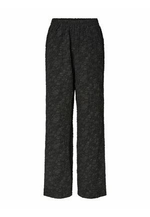 Zwarte, wijde broek met een elastische tailleband, gemaakt van een textuurstof met een geplooid patroon over het hele oppervlak.