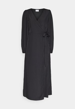 Μαύρο φόρεμα με ραφή, μακριά, φουσκωτά μανίκια, V-λαιμόκοψη και λεπτομέρεια δέσιμου στη μέση. Λείο ύφασμα με ρέουσα σιλουέτα.