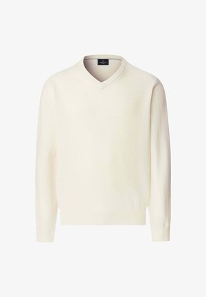 Krémový sveter s výstrihom do V, vyrobený z mäkkej tkaniny. Má dlhé rukávy, ribbované manžety a spodný lem, s malým logom na hrudi.