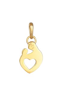 Pendentif en or en forme de figure tenant un cœur, avec une finition brillante et une petite boucle pour l'attache.
