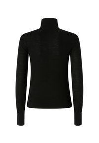 Pull en col roulé noir à côtes, avec des manches longues, présentant une silhouette ajustée et une texture lisse. La vue arrière met en évidence les détails de construction.