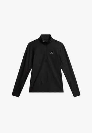 Maglietta nera a maniche lunghe con colletto alto e zip a un quarto, caratterizzata da un motivo geometrico testurizzato e un piccolo logo bianco sul petto.
