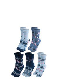 Sei paia di calzini in tonalità di blu, realizzati in morbido cotone. I modelli includono personaggi dei cartoni animati, pois e cuori.