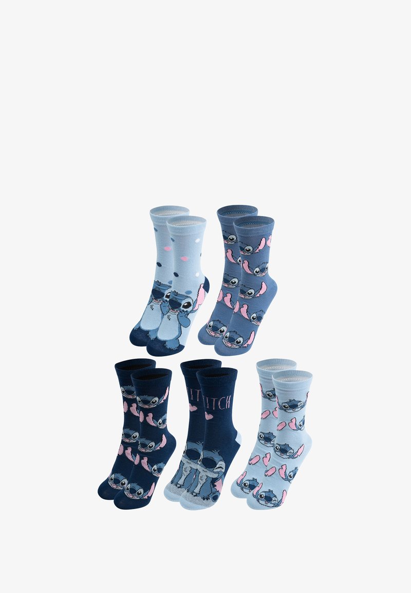 Sei paia di calzini in tonalità di blu, realizzati in morbido cotone. I modelli includono personaggi dei cartoni animati, pois e cuori.
