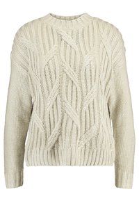 Pull tricoté de couleur crème avec motif en torsades, manches longues, col rond, poignets et ourlet côtelés.