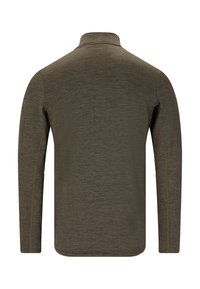 Olivengrønt langærmet skjorte med tekstureret stof, høj hals og kontrasterende syninger. Renset, moderne design uden yderligere udsmykninger.