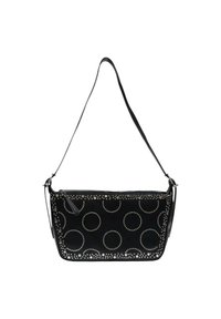 Borsa a spalla nera con motivo di borchie circolari, texture lucida, chiusura con zip e tracolla regolabile per un facile trasporto.
