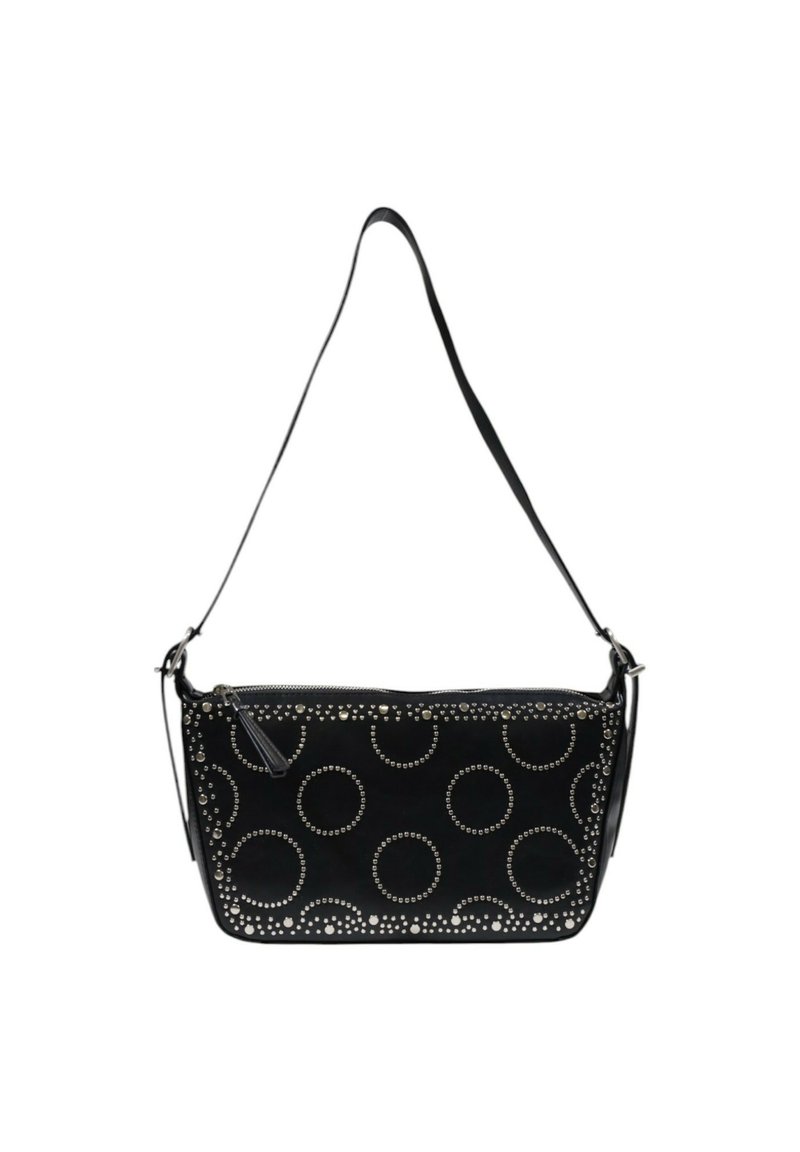 Borsa a spalla nera con motivo di borchie circolari, texture lucida, chiusura con zip e tracolla regolabile per un facile trasporto.