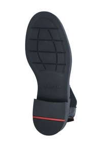 Suola di scarpa in gomma nera con un pattern testurizzato per la presa, dotata di una striscia di accento rossa e del nome del marchio "LLOYD" in rilievo sul tallone.