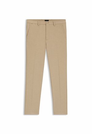 Beige Hosen aus strukturiertem Stoff, mit schmaler Passform, flachem Frontbereich, zwei Seitentaschen und einem Reißverschluss mit Knopfverschluss.