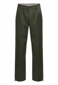 Olive green pants made of lightweight fabric, featuring a drawstring and button closure, straight leg design, and cuff details at the hem.
