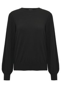 Zwarte pullovertrui met een ronde halslijn, geribbelde mouwen en textuurdetails. Gemaakt van zachte gebreide stof met een aangesloten taille.