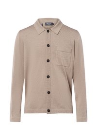 Beige långärmad cardigan med krage, svarta knappar fram och en bröstficka på vänster sida.