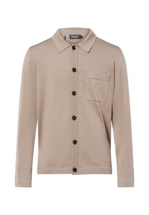 Beige langärmlige Strickjacke mit Kragen, schwarzen Knöpfen an der Vorderseite und einer Brusttasche auf der linken Seite.