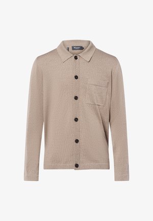 Cardigan beige a maniche lunghe con colletto, bottoni neri sul davanti e una tasca sul petto lato sinistro.