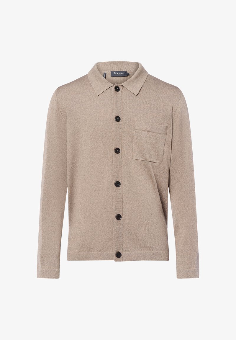 Beige long-sleeve cardigan with collar, black buttons down front, and a chest pocket on the left side.