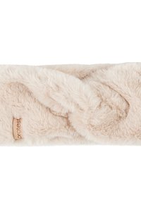 Faux fur hoofdband in zacht beige met een gedraaide uitstraling, voorzien van een klein logo-label. De textuur lijkt zacht en comfortabel.