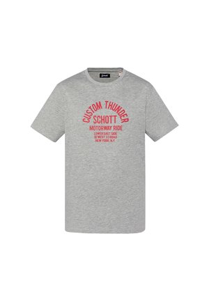 Graues T-Shirt mit kurzen Ärmeln und Rundhalsausschnitt mit rotem Text "Custom Thunder Schott Motorway Ride Lower East Side 10 West 33 Road New York, NY" auf der Vorderseite.