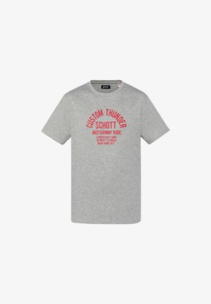 T-shirt gris à manches courtes col rond avec texte rouge "Custom Thunder Schott Motorway Ride Lower East Side 10 West 33 Road New York, NY" sur le devant.